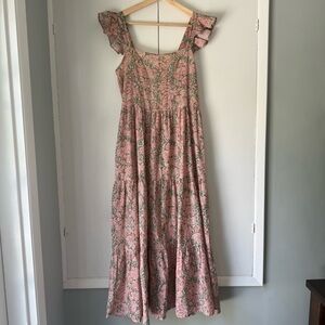 Block print Floral Pink Maxi Dress with Ruffle Sleeves